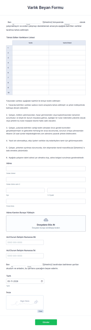 Varlık Beyan Form Şablonu