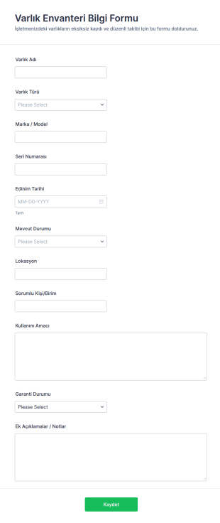 Varlık Envanteri Bilgi Kaydı Form Şablonu