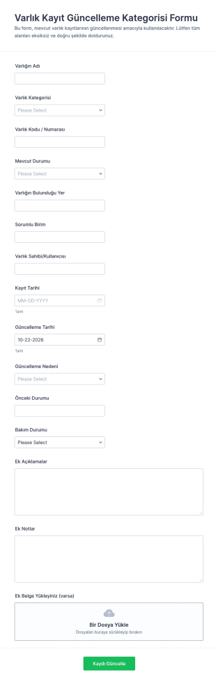 Varlık Kayıt Güncelleme Form Şablonu