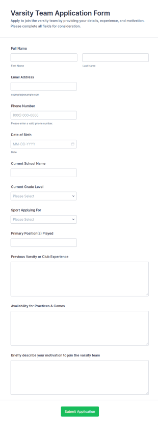 Varsity Team Application Form Template