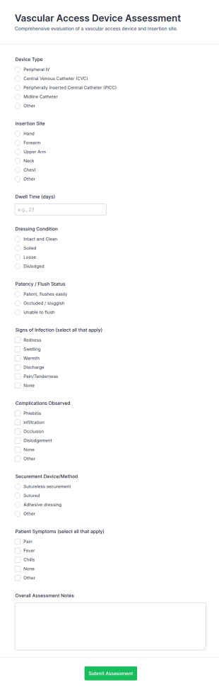 Vascular Access Device Assessment Form Template