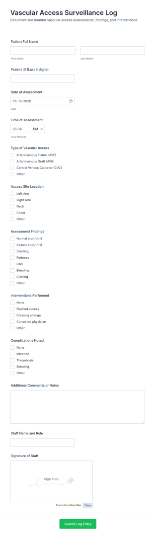 Vascular Access Surveillance Log Form Template