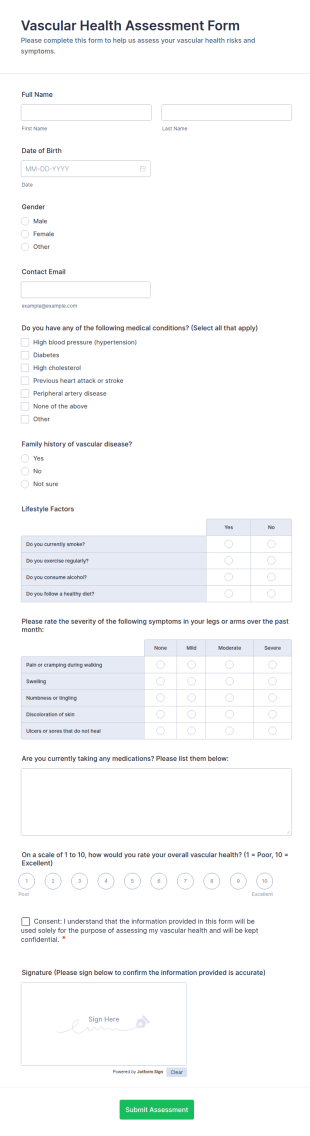 Vascular Health Assessment Form Template