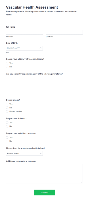Vascular Health Assessment Form Template