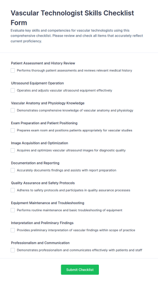Vascular Technologist Skills Checklist Form Template
