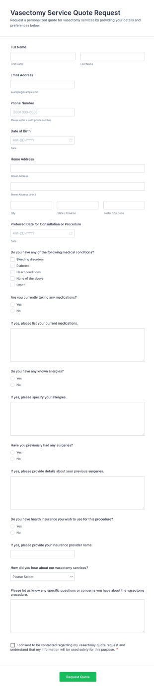 Vasectomy Service Quote Request Form Template