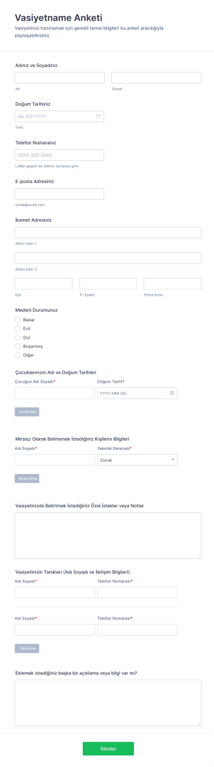 Vasiyetname Anketi Form Şablonu