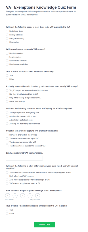 VAT Exemptions Knowledge Quiz Form Template