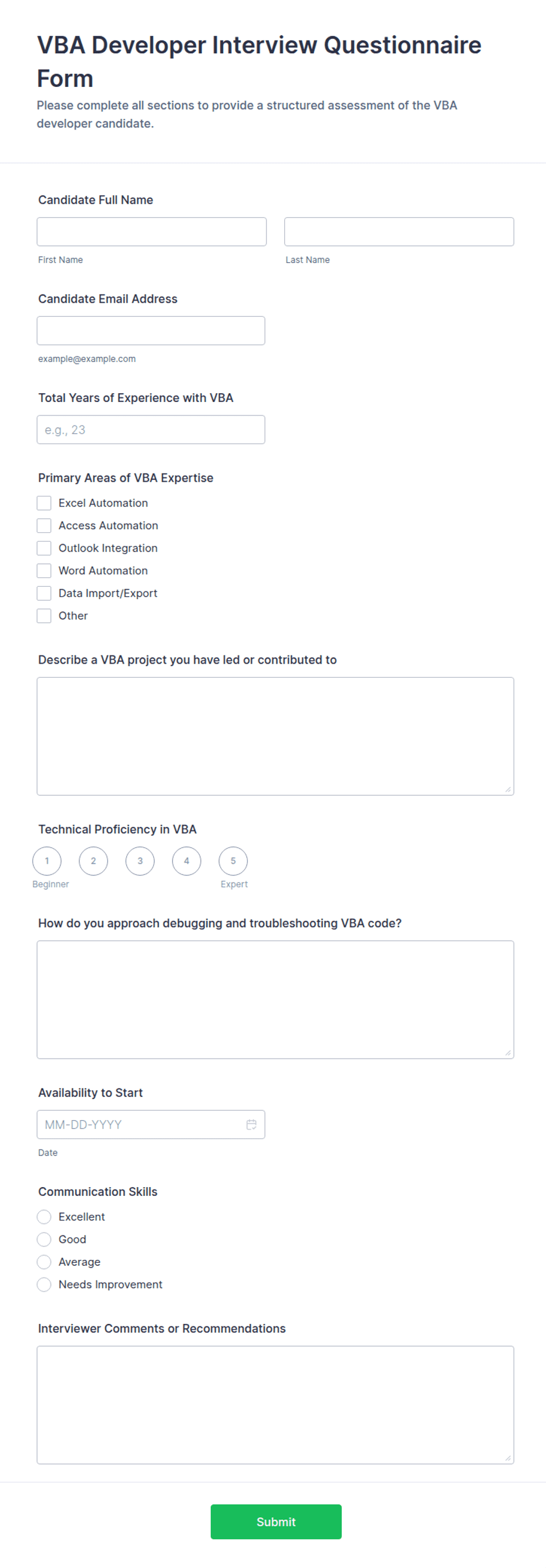 VBA Developer Interview Questionnaire Form Template | Jotform