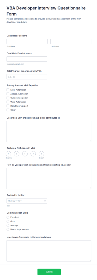 VBA Developer Interview Questionnaire Form Template
