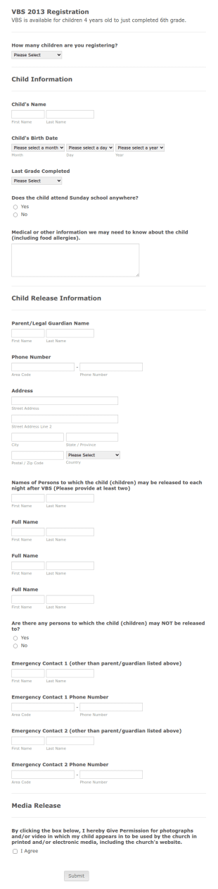 Church's Children Registration Form Template