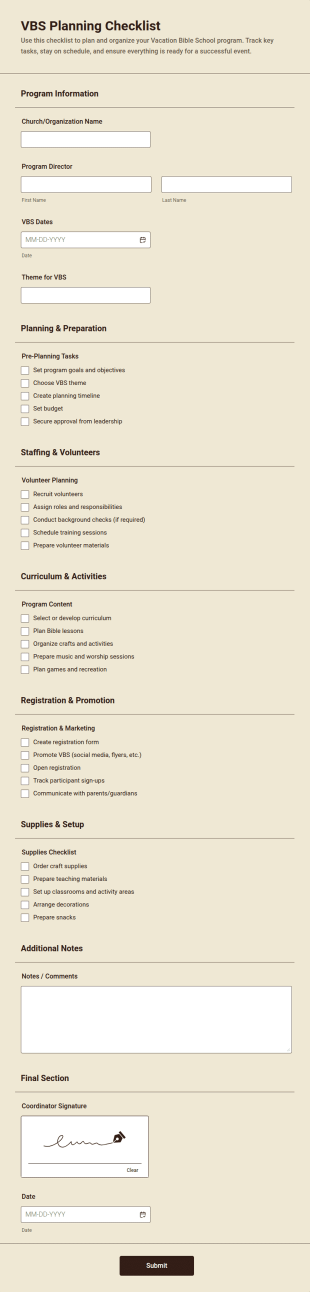 VBS Planning Checklist Form Template