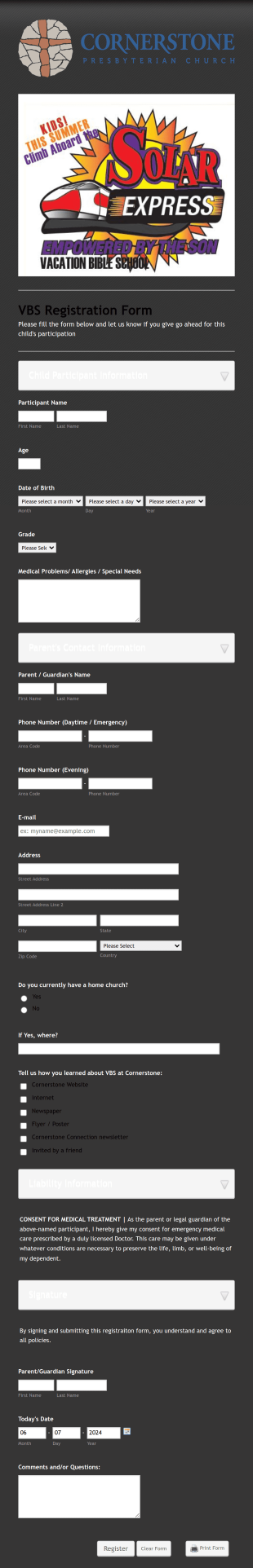VBS Registration Form Cornerstone Form Template