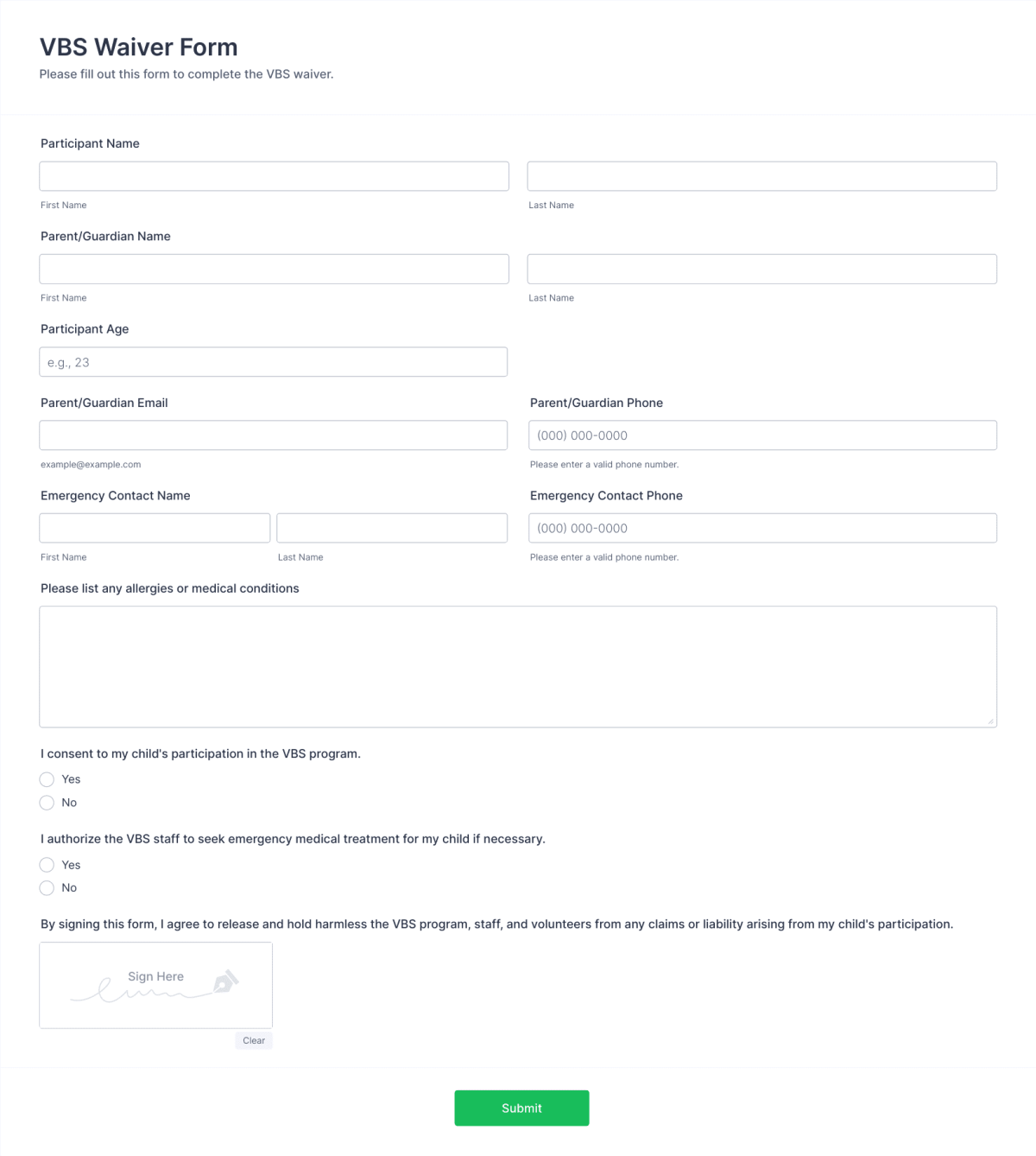 VBS Waiver Form Template | Jotform