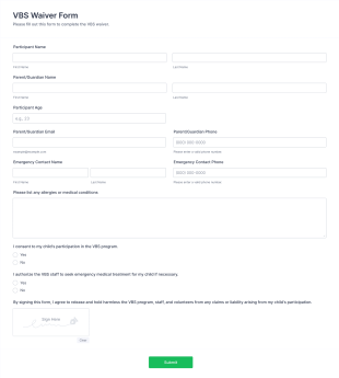 VBS Waiver Form Template