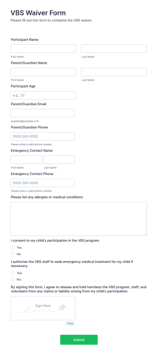 VBS Waiver Form Template