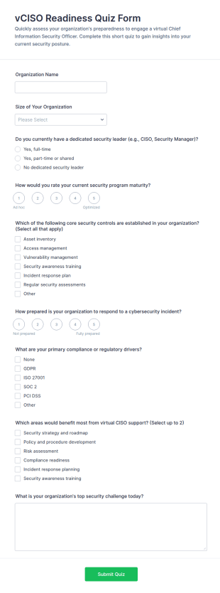 VCISO Readiness Quiz Form Template