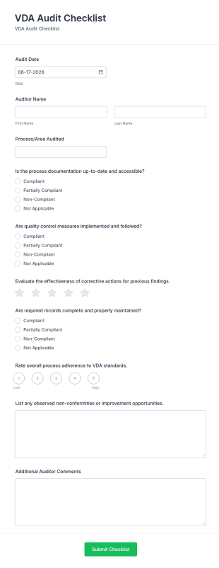VDA Audit Checklist Form Template