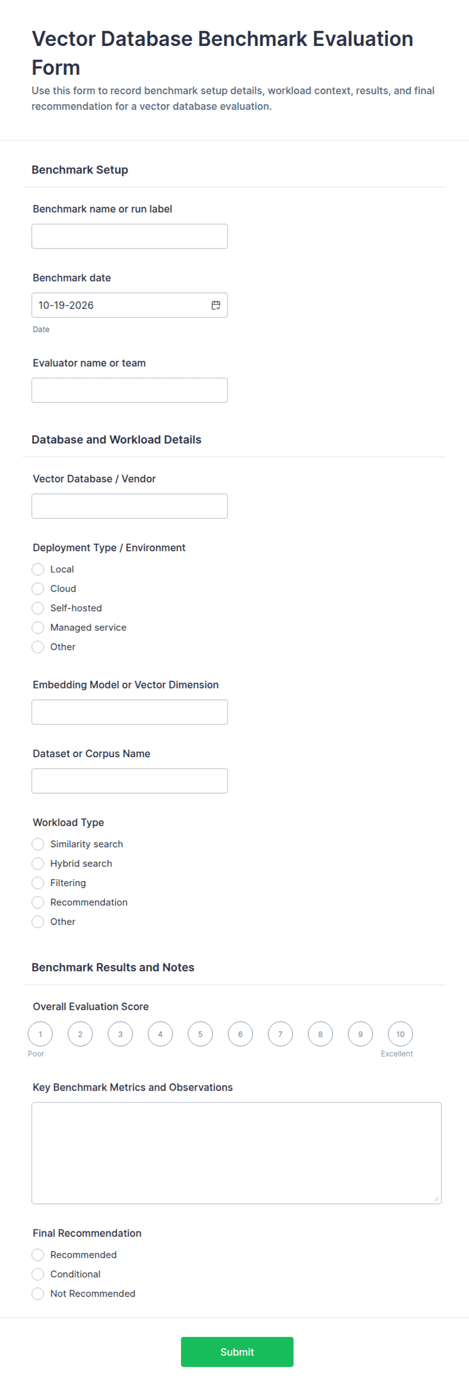 Vector Database Benchmark Evaluation Form Template | Jotform
