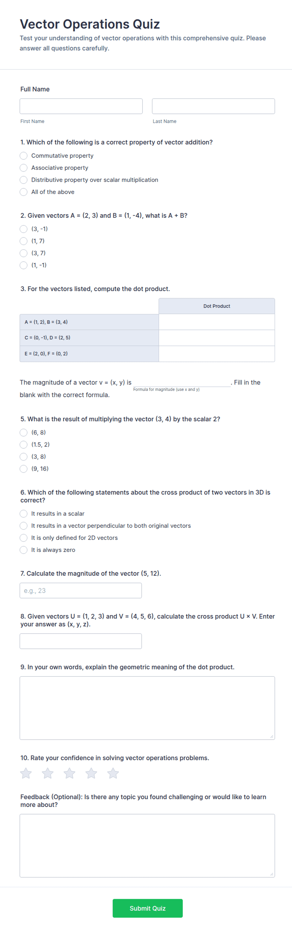 Vector Operations Quiz Form Template | Jotform