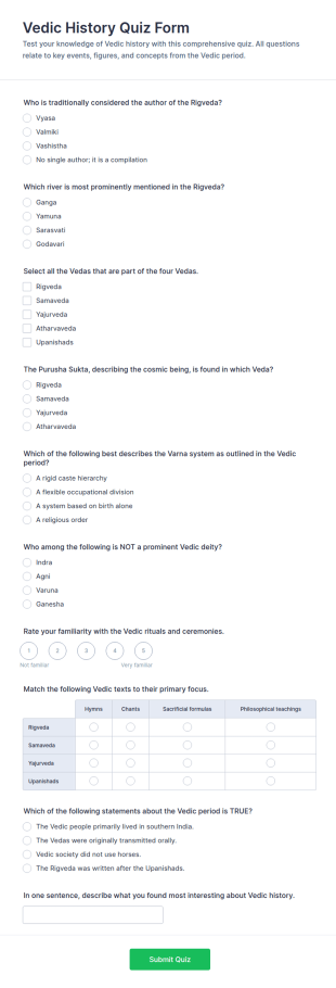 Vedic History Quiz Form Template