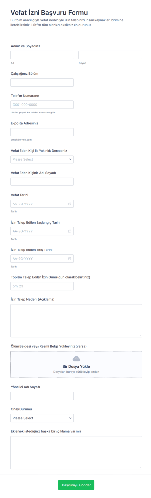 Vefat İzni Başvuru Form Şablonu