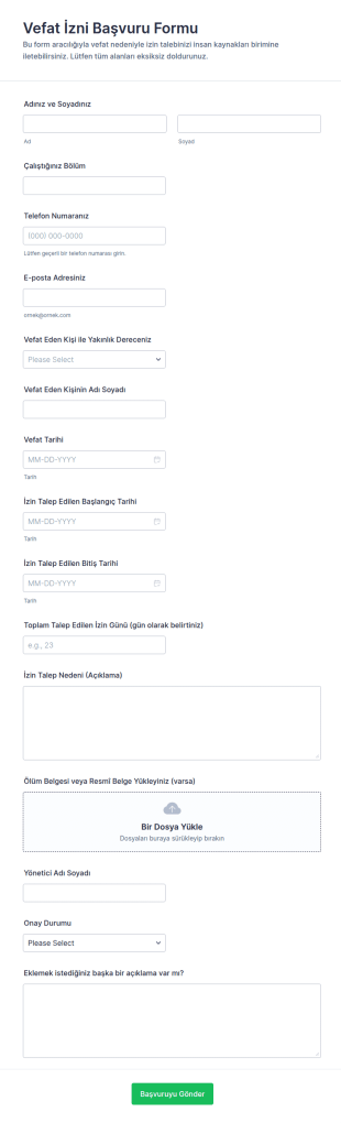 Vefat İzni Başvuru Form Şablonu