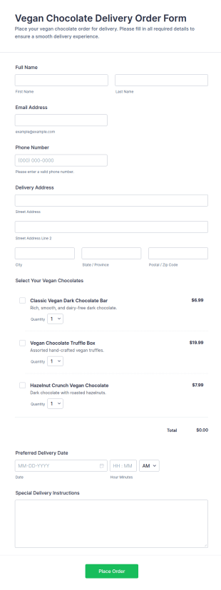 Vegan Chocolate Delivery Order Form Template