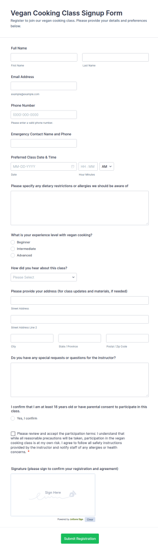 Vegan Cooking Class Signup Form Template