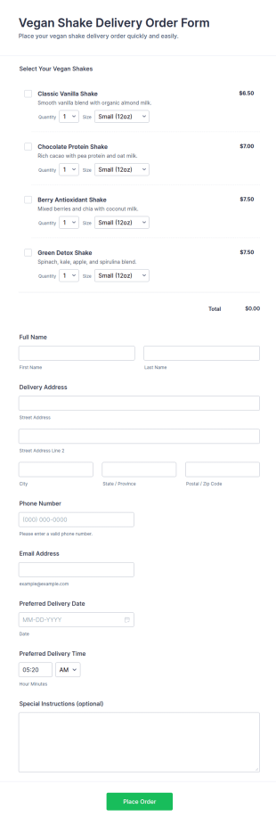 Vegan Shake Delivery Order Form Template