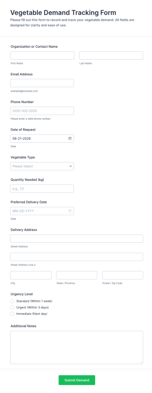 Vegetable Demand Tracking Form Template