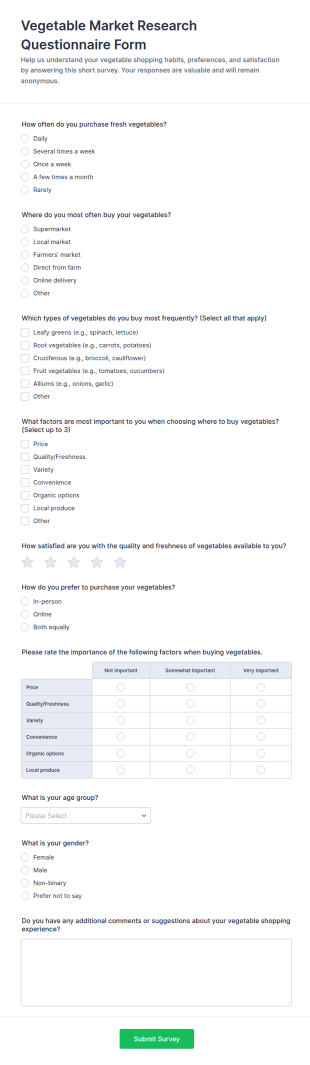 Vegetable Market Research Questionnaire Form Template