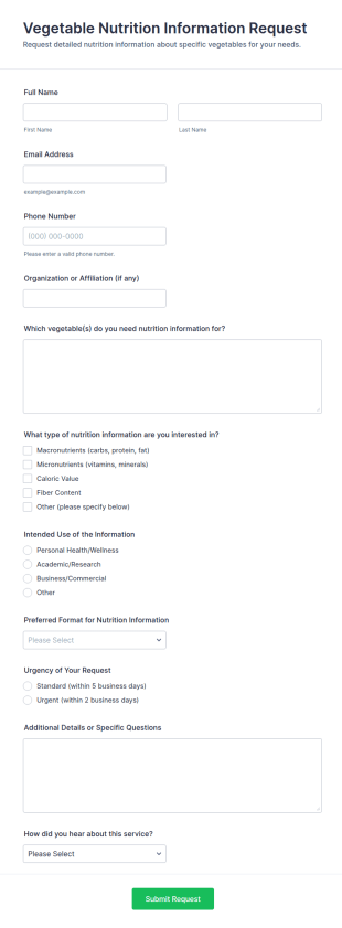 Vegetable Nutrition Information Request Form Template