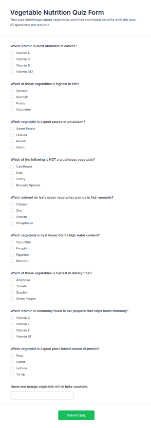 Vegetable Nutrition Quiz Form Template