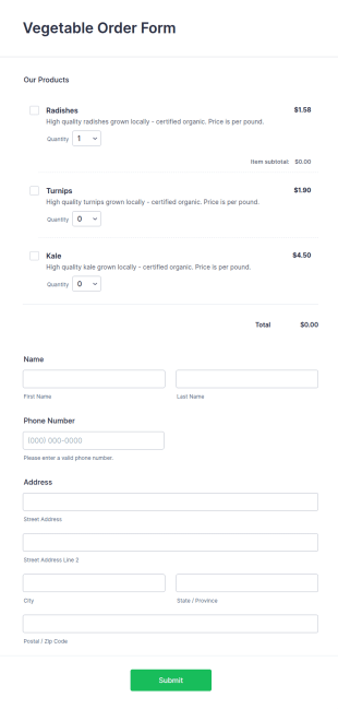 Vegetable Order Form Template