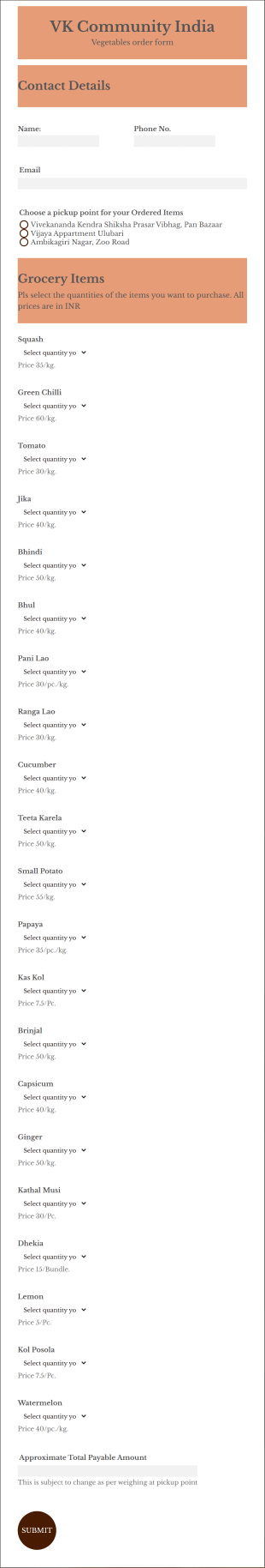 Vegetables Order Form Template