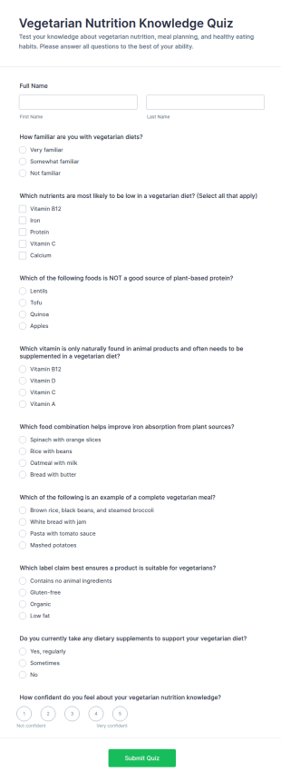 Vegetarian Nutrition Knowledge Quiz Form Template