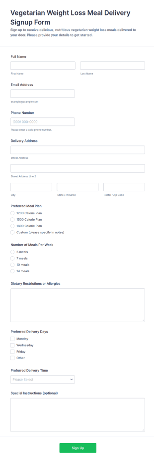 Vegetarian Weight Loss Meal Delivery Signup Form Template
