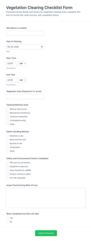 Vegetation Clearing Checklist Form Template