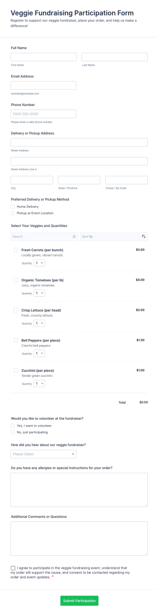 Veggie Fundraising Participation Form Template