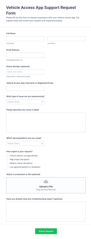 Vehicle Access App Support Request Form Template