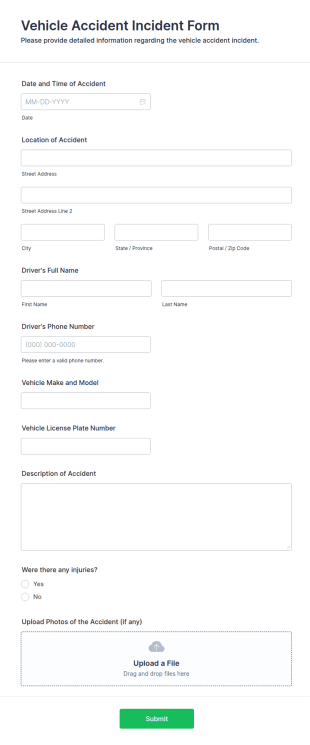Vehicle Accident Incident Form Template