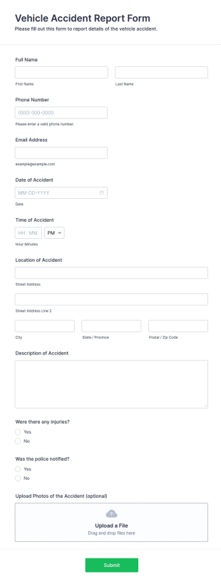 Vehicle Accident Report Form Template
