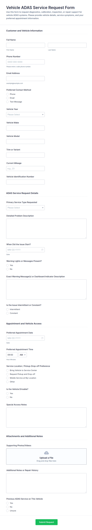 Vehicle ADAS Service Request Form Template