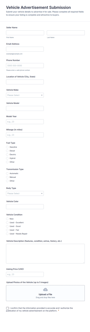 Vehicle Advertisement Submission Form Template