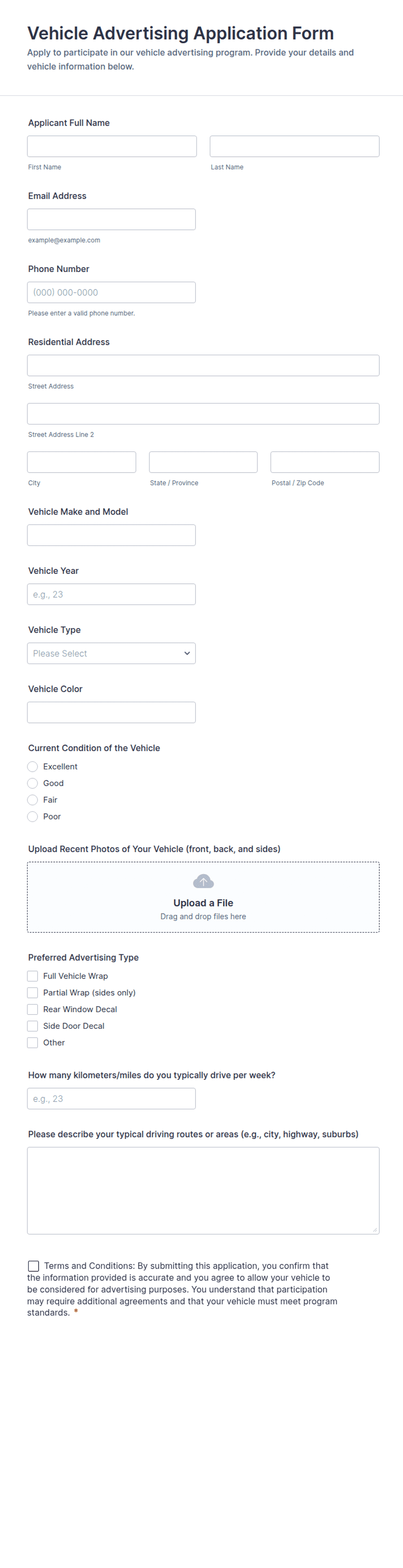 Vehicle Advertising Application Form Template | Jotform
