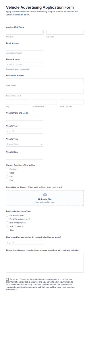 Vehicle Advertising Application Form Template