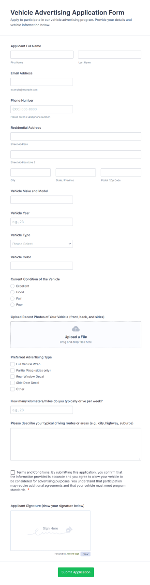 Vehicle Advertising Application Form Template
