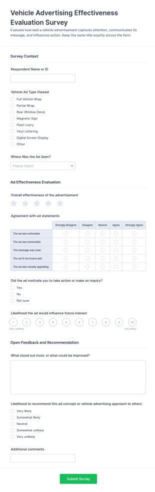 Vehicle Advertising Effectiveness Evaluation Survey Form Template