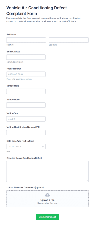 Vehicle Air Conditioning Defect Complaint Form Template